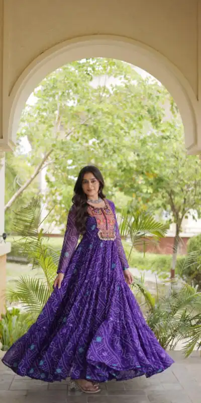 KA 1276 Purple in Colour Faux Georgette Bandhani Print Work Gown. Available at ₹2069 only. Delivery 4-6 Working Days. Shop now. | Gowns, Bollywood Gowns, Creative Gowns, Designer Gowns, Embroidered Gowns, Party Wear Gowns