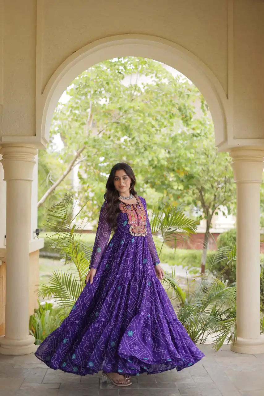 KA 1276 Purple in Colour Faux Georgette Bandhani Print Work Gown. Available at ₹2069 only. Delivery 4-6 Working Days. Shop now. | Gowns, Bollywood Gowns, Creative Gowns, Designer Gowns, Embroidered Gowns, Party Wear Gowns