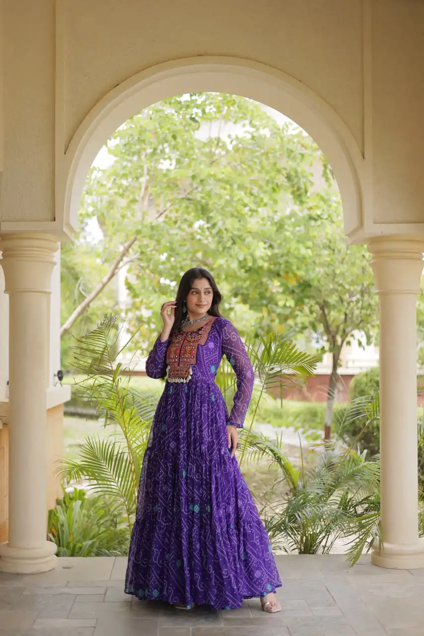 KA 1276 Purple in Colour Faux Georgette Bandhani Print Work Gown. Available at ₹2069 only. Delivery 4-6 Working Days. Shop now. | Gowns, Bollywood Gowns, Creative Gowns, Designer Gowns, Embroidered Gowns, Party Wear Gowns