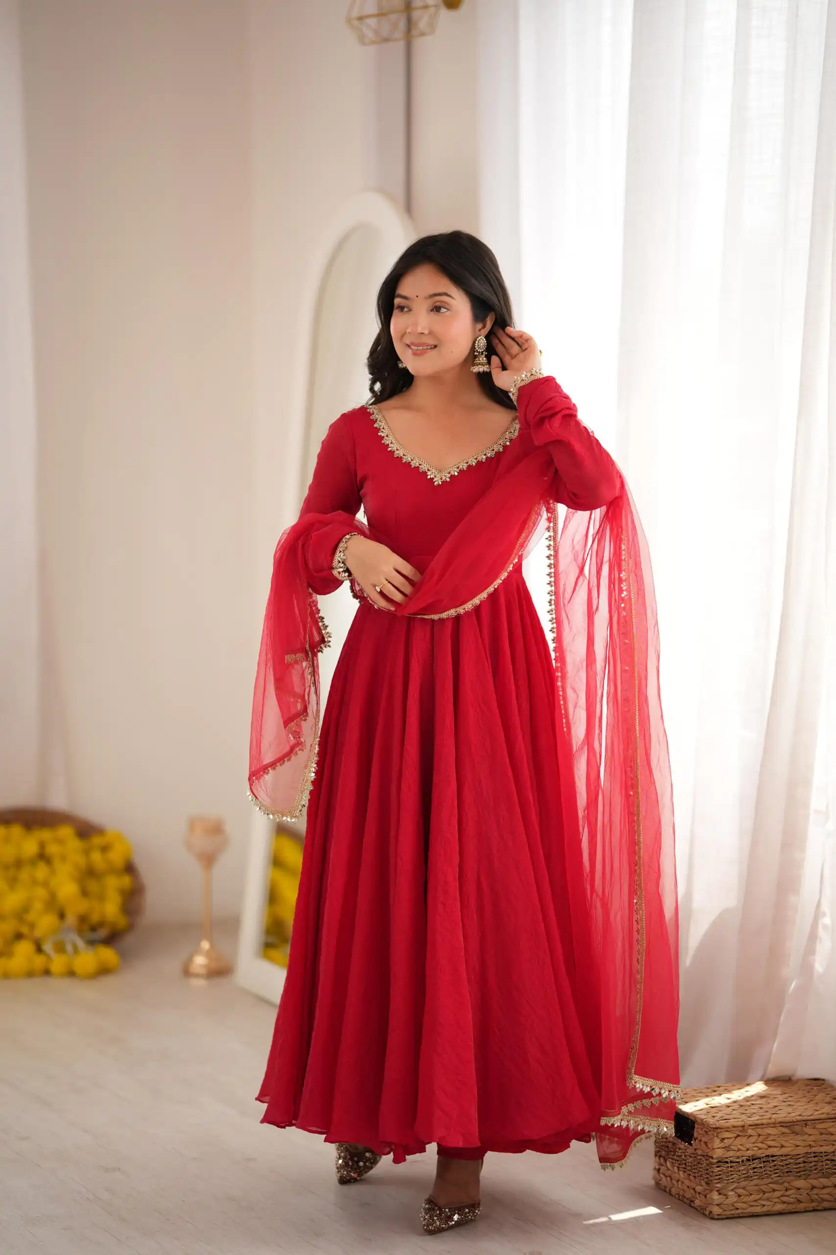 SRK 5355 Red Doremon Crush Gown with Lace Work & Mirror Work. Exclusive Offer ₹2099. Delivery 4-6 Working Days. Shop now. | Gowns, Bollywood Gowns, Creative Gowns, Designer Gowns, Embroidered Gowns, Party Wear Gowns