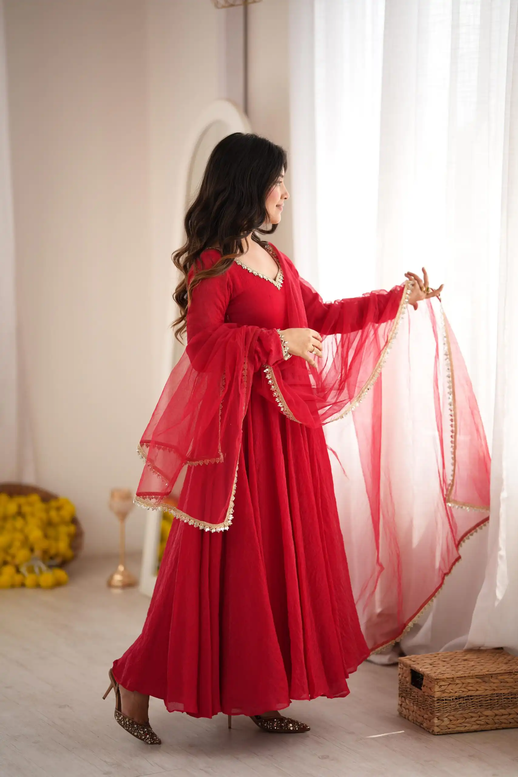 SRK 5355 Red Doremon Crush Gown with Lace Work & Mirror Work. Exclusive Offer ₹2099. Delivery 4-6 Working Days. Shop now. | Gowns, Bollywood Gowns, Creative Gowns, Designer Gowns, Embroidered Gowns, Party Wear Gowns