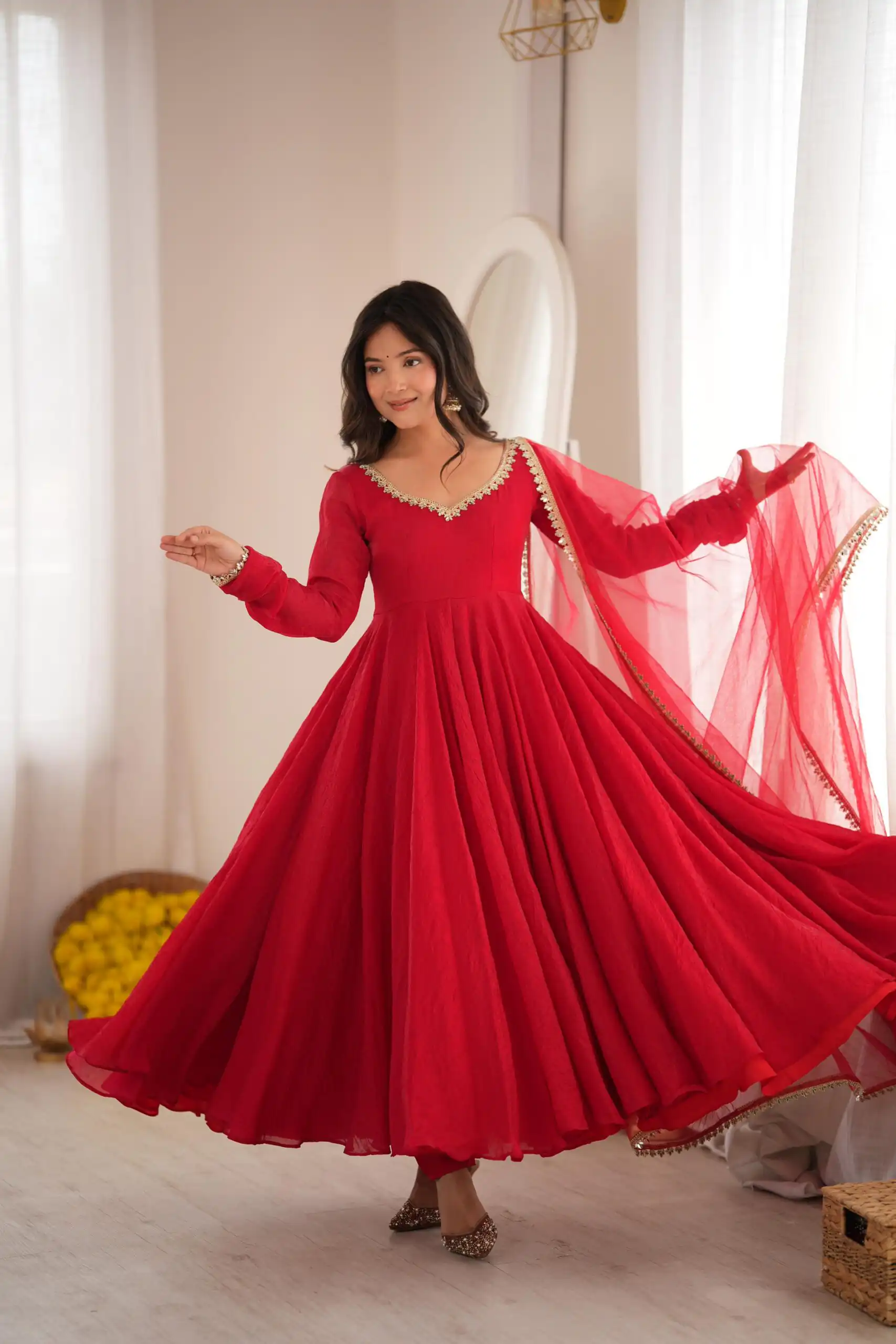 SRK 5355 Red Doremon Crush Gown with Lace Work & Mirror Work. Exclusive Offer ₹2099. Delivery 4-6 Working Days. Shop now. | Gowns, Bollywood Gowns, Creative Gowns, Designer Gowns, Embroidered Gowns, Party Wear Gowns