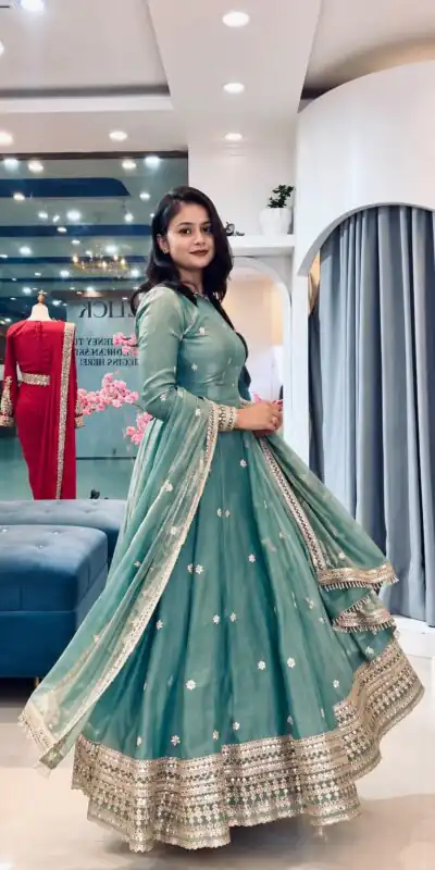 SSR 553 Teal Fendy Silk Gown with Sequins Work & Thread Embroidery. Now at just ₹2399. Delivery 4-6 Working Days. Shop now. | Gowns, Bollywood Gowns, Creative Gowns, Designer Gowns, Embroidered Gowns, Party Wear Gowns