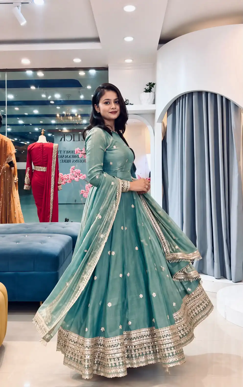 SSR 553 Teal Fendy Silk Gown with Sequins Work & Thread Embroidery. Now at just ₹2399. Delivery 4-6 Working Days. Shop now. | Gowns, Bollywood Gowns, Creative Gowns, Designer Gowns, Embroidered Gowns, Party Wear Gowns