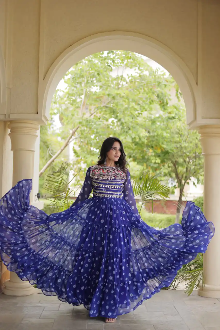 KA 1277 Blue in Colour Faux Georgette Bandhani Print Work Gown. Available at ₹2119 only. Delivery 4-6 Working Days. Shop now. | Gowns, Bollywood Gowns, Creative Gowns, Designer Gowns, Embroidered Gowns, Party Wear Gowns
