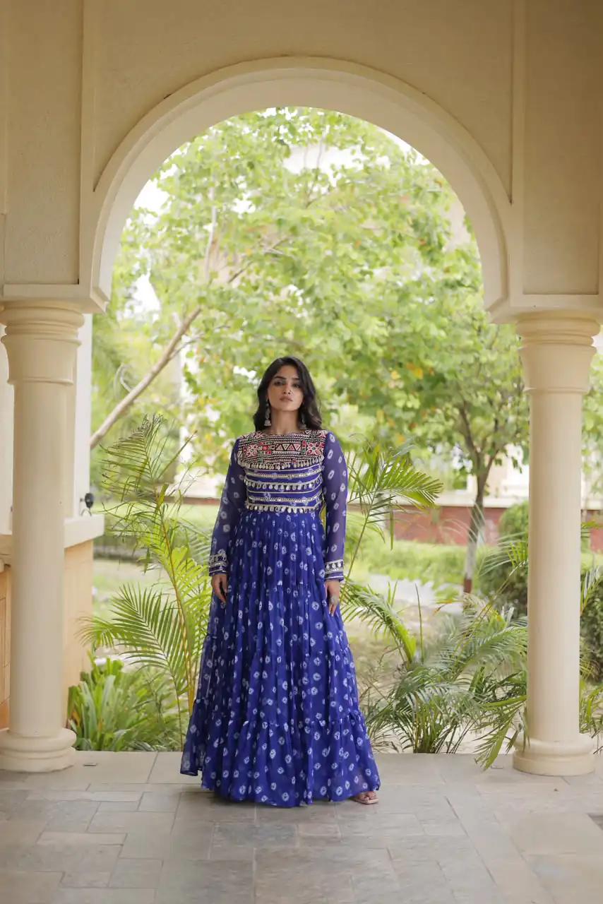 KA 1277 Blue in Colour Faux Georgette Bandhani Print Work Gown. Available at ₹2119 only. Delivery 4-6 Working Days. Shop now. | Gowns, Bollywood Gowns, Creative Gowns, Designer Gowns, Embroidered Gowns, Party Wear Gowns