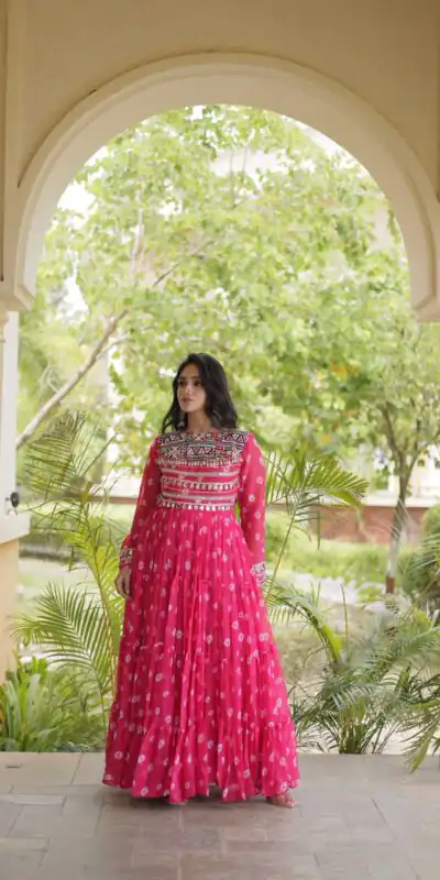 KA 1277 Pink in Colour Faux Georgette Bandhani Print Work Gown. Available at ₹2119 only. Delivery 4-6 Working Days. Shop now. | Gowns, Bollywood Gowns, Creative Gowns, Designer Gowns, Embroidered Gowns, Party Wear Gowns
