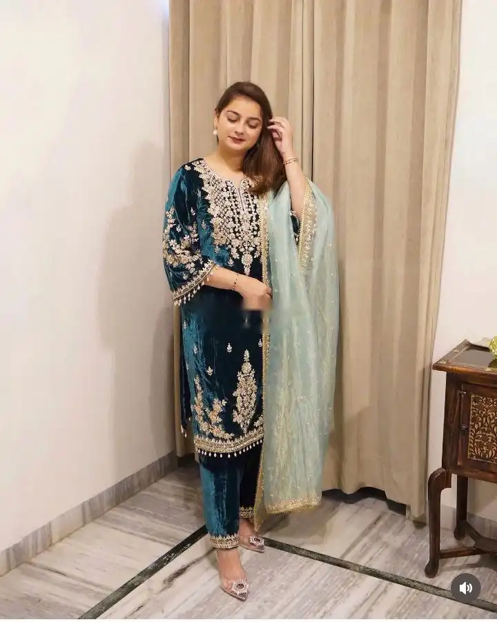 WW 1236 Blue Viscose Velvet Salwar Suit with Embroidery Work & Lace Work. Grab it for ₹2299. Delivery 4-6 Working Days. Shop now. | Jump Suits, Salwar suit, Casual Suits, Creative suits, Designer Suits, Palazzo Suits, Party Wear Suits, Patiala Suits, Straight Suits