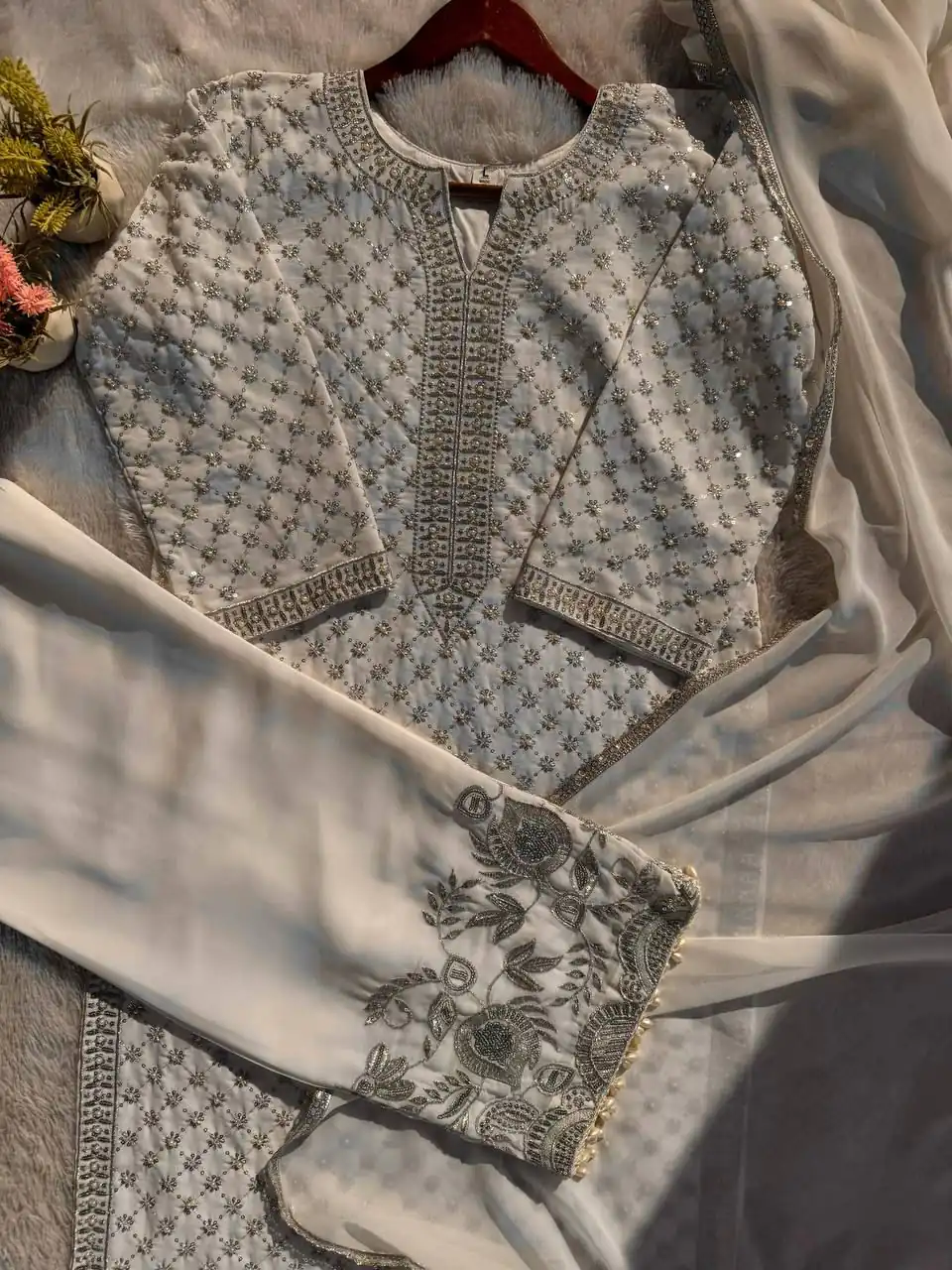 LG 1922 Cream Faux Georgette Salwar Suit with Mirror Work & Embroidery Work. Get it for ₹2399. Delivery 4-6 Working Days. Shop now. | Jump Suits, Salwar suit, Casual Suits, Creative suits, Designer Suits, Palazzo Suits, Party Wear Suits, Patiala Suits, Straight Suits