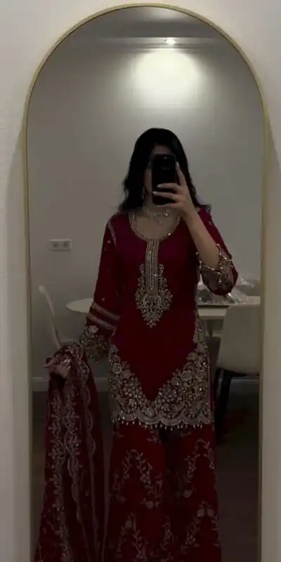 ZSR 3187 Maroon Faux Georgette Salwar Suit with Mirror Work & Embroidery Work. Get it for ₹2349. Delivery 4-6 Working Days. Shop now. | Jump Suits, Salwar suit, Casual Suits, Creative suits, Designer Suits, Palazzo Suits, Party Wear Suits, Patiala Suits, Straight Suits