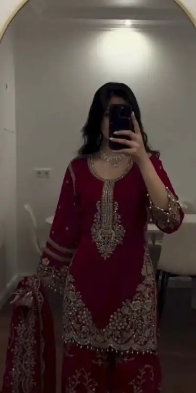 ZSR 3187 Maroon Faux Georgette Salwar Suit with Mirror Work & Embroidery Work. Get it for ₹2349. Delivery 4-6 Working Days. Shop now. | Jump Suits, Salwar suit, Casual Suits, Creative suits, Designer Suits, Palazzo Suits, Party Wear Suits, Patiala Suits, Straight Suits