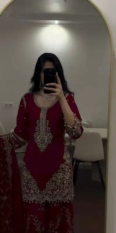 ZSR 3187 Maroon Faux Georgette Salwar Suit with Mirror Work & Embroidery Work. Get it for ₹2349. Delivery 4-6 Working Days. Shop now. | Jump Suits, Salwar suit, Casual Suits, Creative suits, Designer Suits, Palazzo Suits, Party Wear Suits, Patiala Suits, Straight Suits