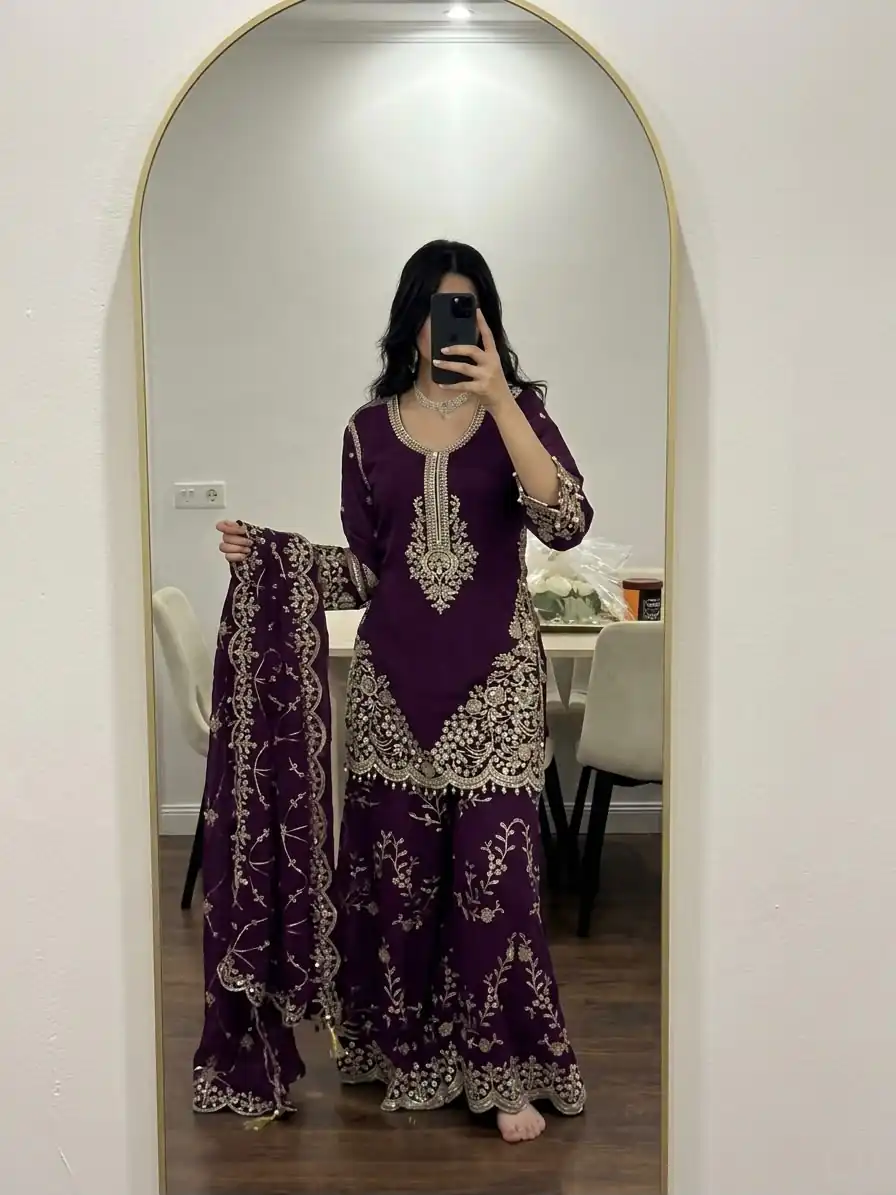 ZSR 3187 Purple Faux Georgette Salwar Suit with Mirror Work & Embroidery Work. Get it for ₹2349. Delivery 4-6 Working Days. Shop now. | Jump Suits, Salwar suit, Casual Suits, Creative suits, Designer Suits, Palazzo Suits, Party Wear Suits, Patiala Suits, Straight Suits