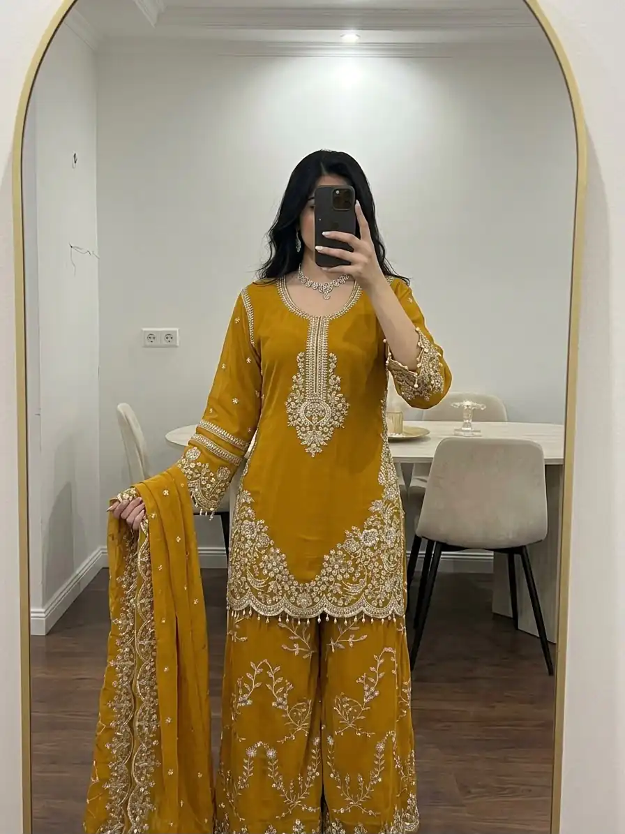 ZSR 3187 Yellow Faux Georgette Salwar Suit with Mirror Work & Embroidery Work. Get it for ₹2349. Delivery 4-6 Working Days. Shop now. | Jump Suits, Salwar suit, Casual Suits, Creative suits, Designer Suits, Palazzo Suits, Party Wear Suits, Patiala Suits, Straight Suits