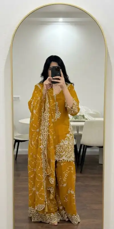 ZSR 3187 Yellow Faux Georgette Salwar Suit with Mirror Work & Embroidery Work. Get it for ₹2349. Delivery 4-6 Working Days. Shop now. | Jump Suits, Salwar suit, Casual Suits, Creative suits, Designer Suits, Palazzo Suits, Party Wear Suits, Patiala Suits, Straight Suits