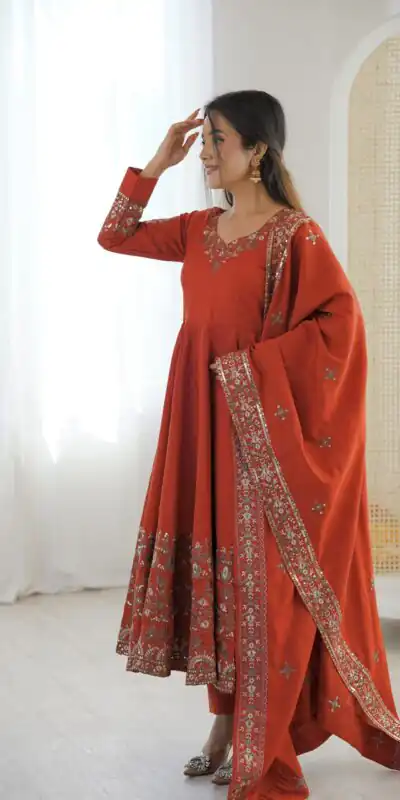 ZF 5016 Orange Roman Silk Gown with Embroidery Work. Wedding, Party, Festive, Events, Navratri, Exclusive Offer ₹2499. Delivery 4-6 Working Days. Shop now. | Gowns, Bollywood Gowns, Creative Gowns, Designer Gowns, Embroidered Gowns, Party Wear Gowns