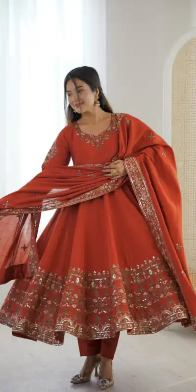 ZF 5016 Orange Roman Silk Gown with Embroidery Work. Wedding, Party, Festive, Events, Navratri, Exclusive Offer ₹2499. Delivery 4-6 Working Days. Shop now. | Gowns, Bollywood Gowns, Creative Gowns, Designer Gowns, Embroidered Gowns, Party Wear Gowns