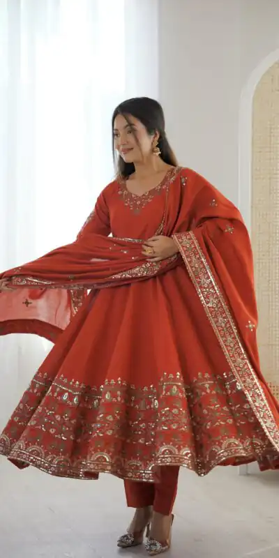 ZF 5016 Orange Roman Silk Gown with Embroidery Work. Wedding, Party, Festive, Events, Navratri, Exclusive Offer ₹2499. Delivery 4-6 Working Days. Shop now. | Gowns, Bollywood Gowns, Creative Gowns, Designer Gowns, Embroidered Gowns, Party Wear Gowns