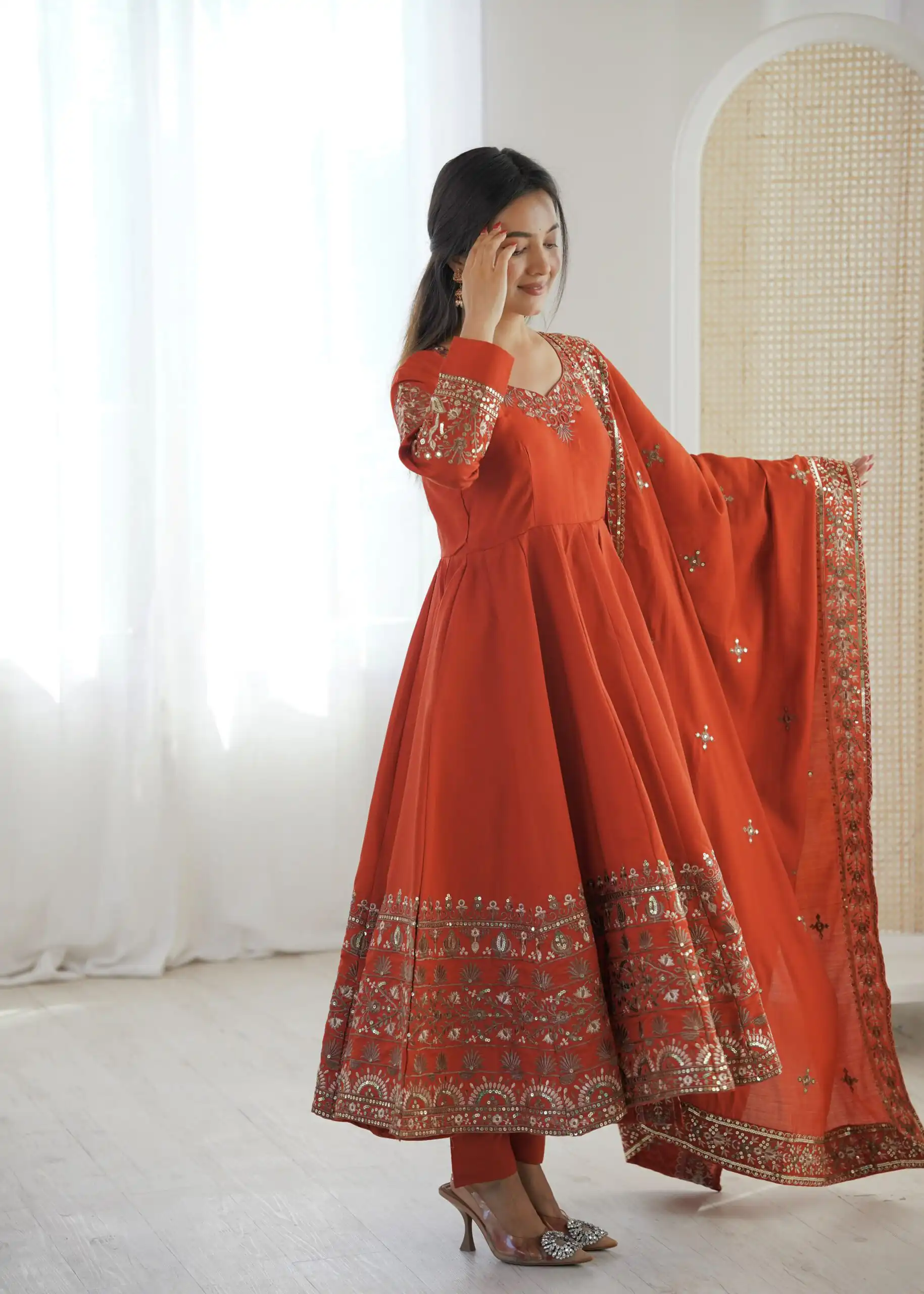 ZF 5016 Orange Roman Silk Gown with Embroidery Work. Wedding, Party, Festive, Events, Navratri, Exclusive Offer ₹2499. Delivery 4-6 Working Days. Shop now. | Gowns, Bollywood Gowns, Creative Gowns, Designer Gowns, Embroidered Gowns, Party Wear Gowns