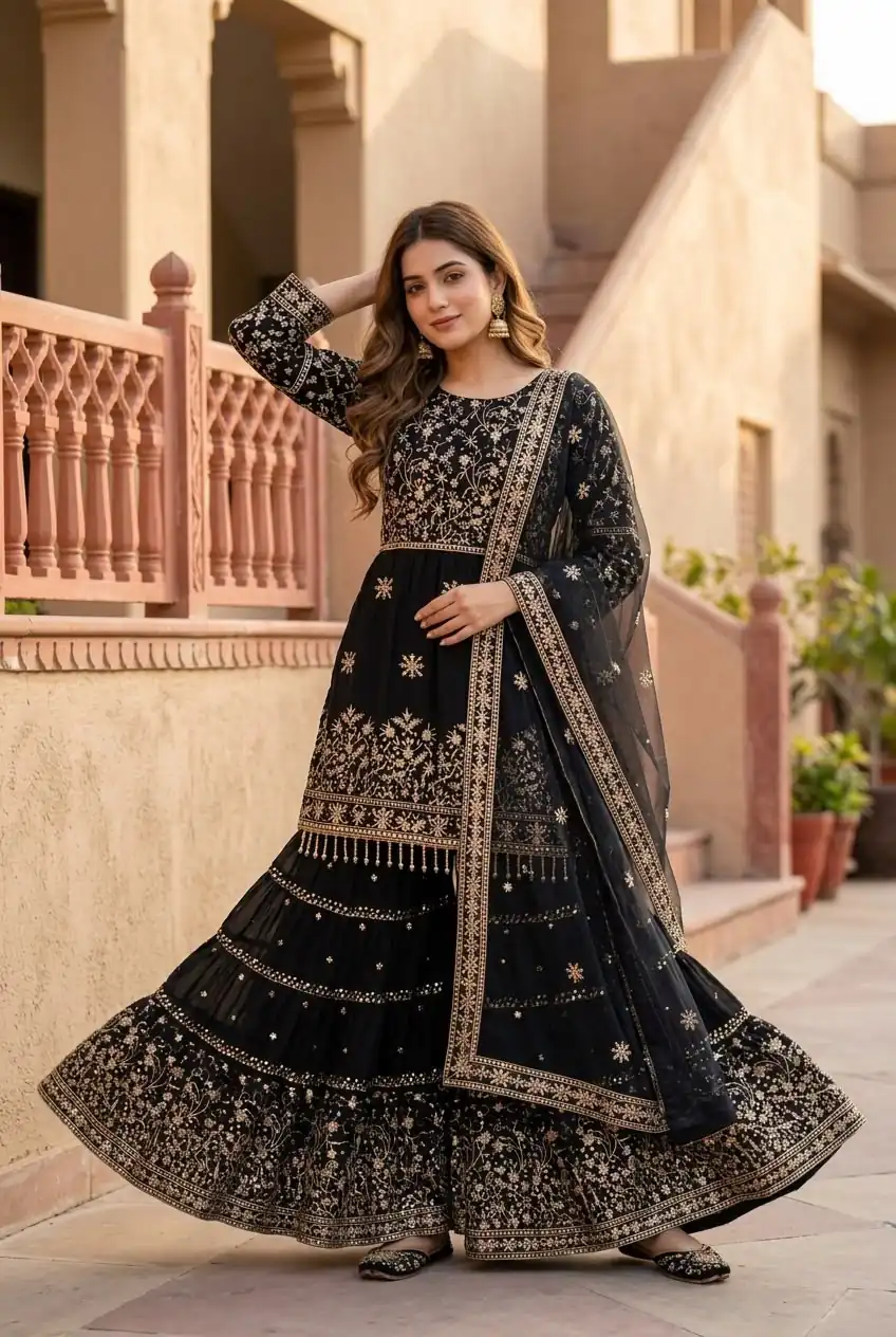 KF 1735 Black Faux Georgette Salwar Suit with Mirror Work & Embroidery Work. Get it for ₹2949. Delivery 4-6 Working Days. Shop now. | Jump Suits, Salwar suit, Casual Suits, Creative suits, Designer Suits, Palazzo Suits, Party Wear Suits, Patiala Suits, Straight Suits