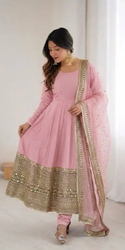ZSR 3152 Pink Color Roman silk Gown with Embroidery Work & Lace Work. Grab it for ₹2599. Delivery 4-6 Working Days. Shop now. | Gowns, Bollywood Gowns, Creative Gowns, Designer Gowns, Embroidered Gowns, Party Wear Gowns