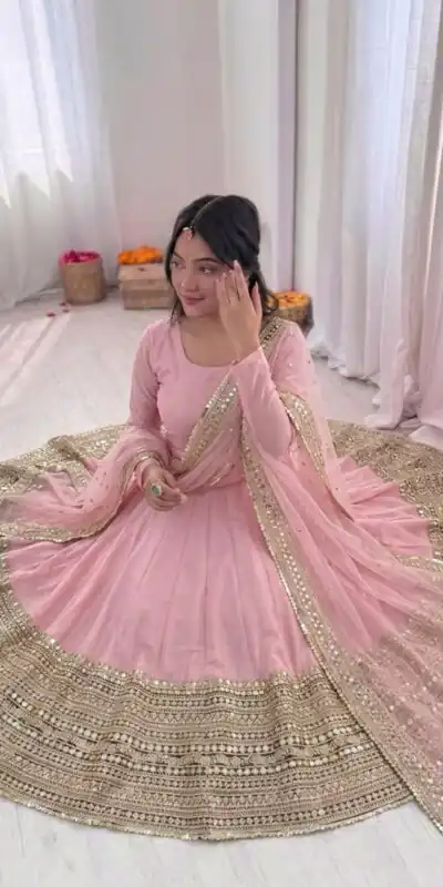 ZSR 3152 Pink Color Roman silk Gown with Embroidery Work & Lace Work. Grab it for ₹2599. Delivery 4-6 Working Days. Shop now. | Gowns, Bollywood Gowns, Creative Gowns, Designer Gowns, Embroidered Gowns, Party Wear Gowns