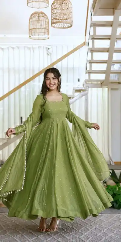 KD 1641 Green in Salsa Silk Embroidery Work & Sequins Work Gown . Get it for ₹2899. Delivery 4-6 Working Days. Online Shop now. | Gowns, Bollywood Gowns, Creative Gowns, Designer Gowns, Embroidered Gowns, Party Wear Gowns