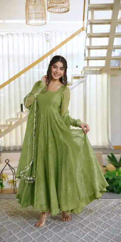 KD 1641 Green in Salsa Silk Embroidery Work & Sequins Work Gown . Get it for ₹2899. Delivery 4-6 Working Days. Online Shop now. | Gowns, Bollywood Gowns, Creative Gowns, Designer Gowns, Embroidered Gowns, Party Wear Gowns