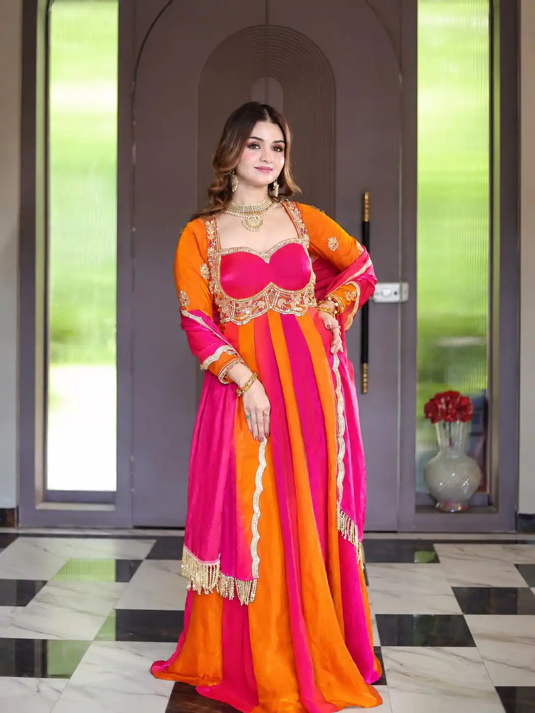 ZD 10025 Pink Fendy Silk Gown with Embroidery Work & Sequins Work. Special Price ₹2399. Delivery 4-6 Working Days. Shop now. | Gowns, Bollywood Gowns, Creative Gowns, Designer Gowns, Embroidered Gowns, Party Wear Gowns