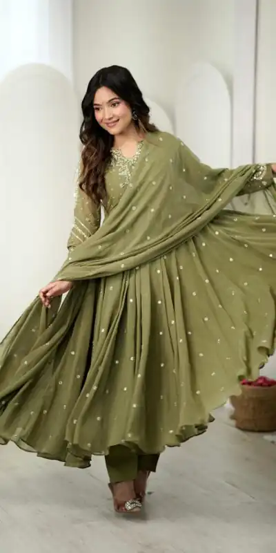 JF 056 Sage Green Faux Georgette Salwar Suit with Mirror Work & Embroidery Work. Get it for ₹2349. Delivery 4-6 Working Days. Shop now. | Jump Suits, Salwar suit, Casual Suits, Creative suits, Designer Suits, Palazzo Suits, Party Wear Suits, Patiala Suits, Straight Suits
