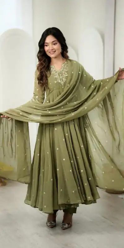 JF 056 Sage Green Faux Georgette Salwar Suit with Mirror Work & Embroidery Work. Get it for ₹2349. Delivery 4-6 Working Days. Shop now. | Jump Suits, Salwar suit, Casual Suits, Creative suits, Designer Suits, Palazzo Suits, Party Wear Suits, Patiala Suits, Straight Suits