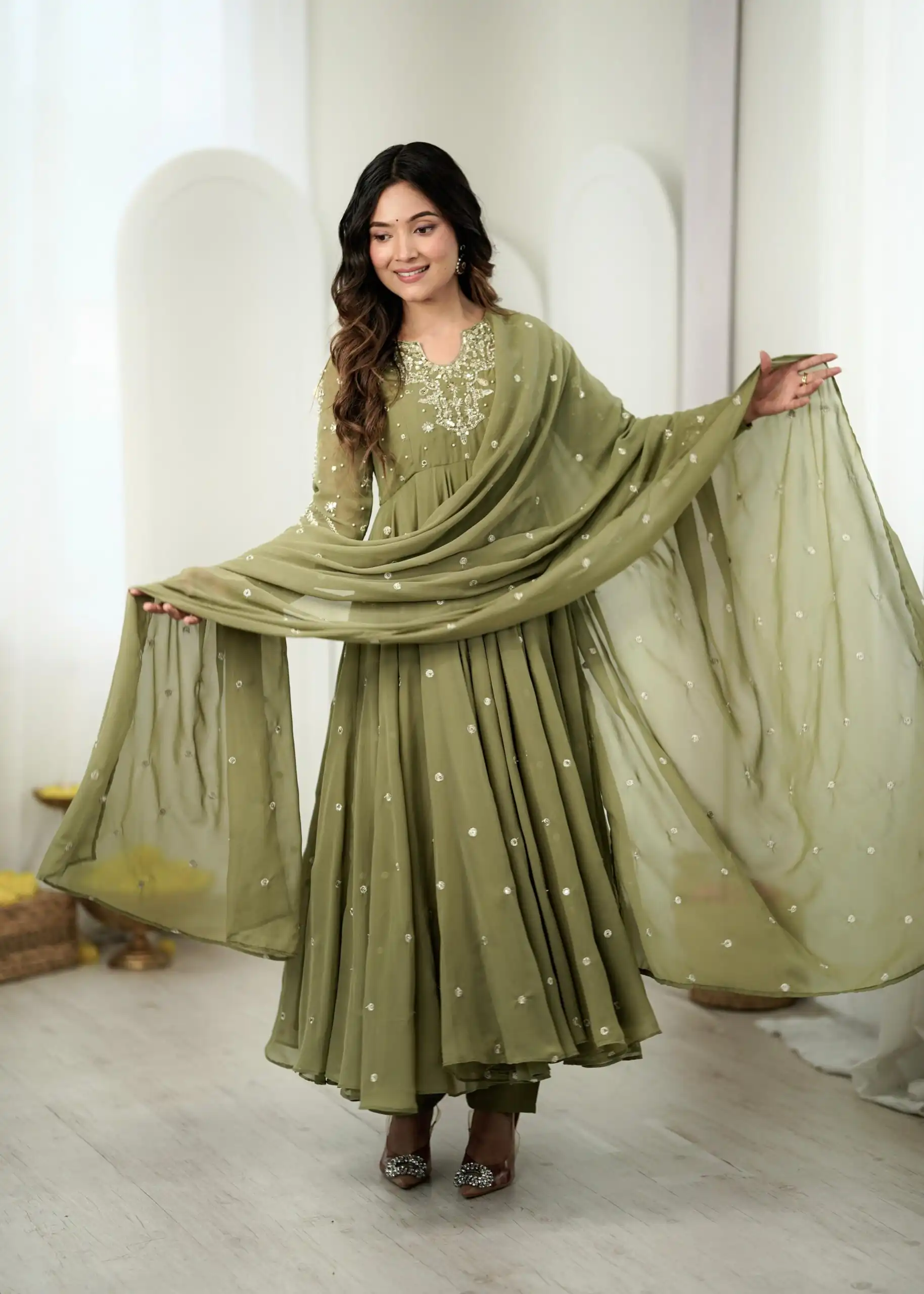 JF 056 Sage Green Faux Georgette Salwar Suit with Mirror Work & Embroidery Work. Get it for ₹2349. Delivery 4-6 Working Days. Shop now. | Jump Suits, Salwar suit, Casual Suits, Creative suits, Designer Suits, Palazzo Suits, Party Wear Suits, Patiala Suits, Straight Suits