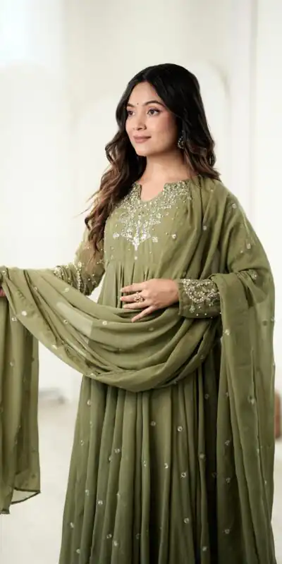 JF 056 Sage Green Faux Georgette Salwar Suit with Mirror Work & Embroidery Work. Get it for ₹2349. Delivery 4-6 Working Days. Shop now. | Jump Suits, Salwar suit, Casual Suits, Creative suits, Designer Suits, Palazzo Suits, Party Wear Suits, Patiala Suits, Straight Suits