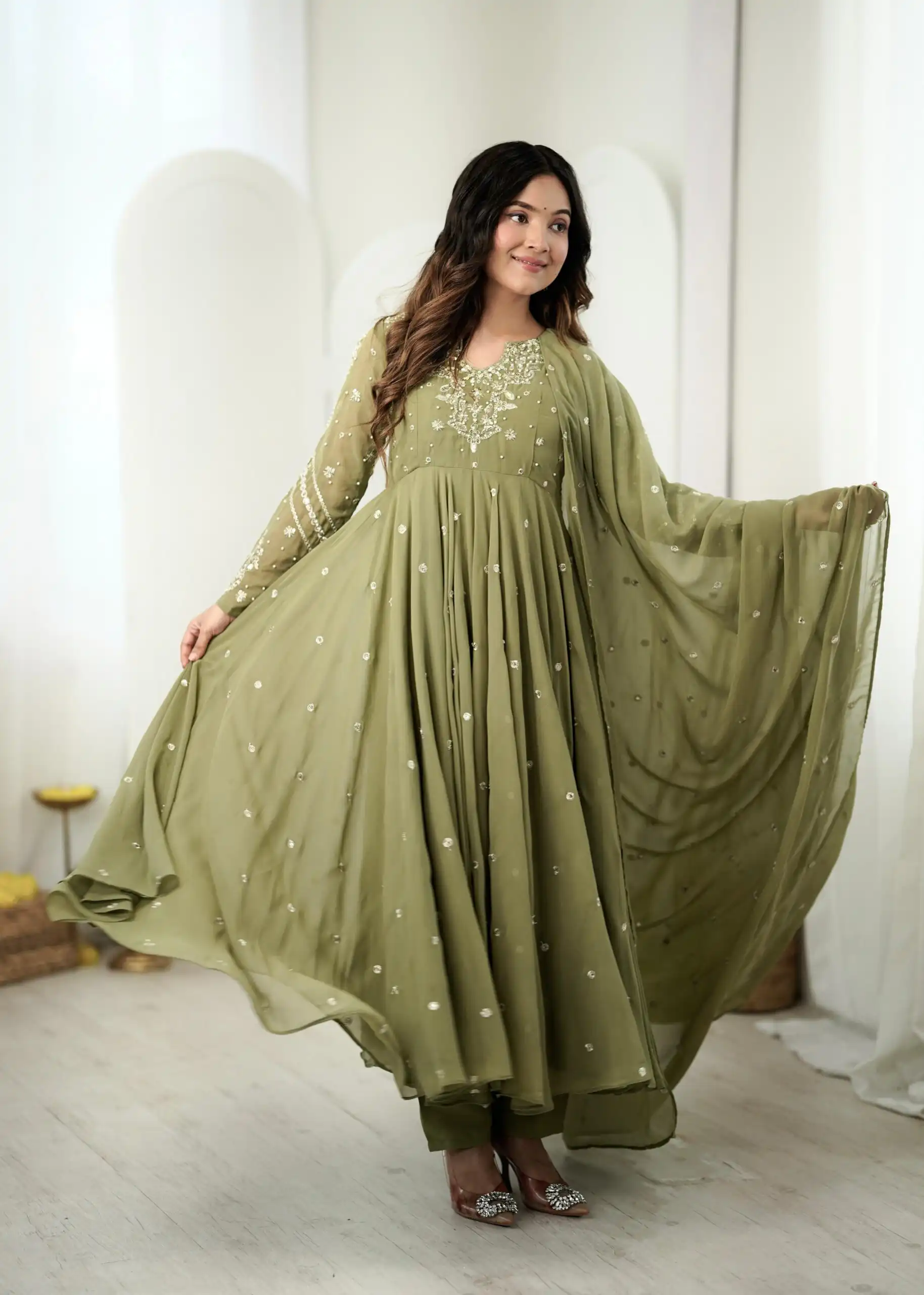 JF 056 Sage Green Faux Georgette Salwar Suit with Mirror Work & Embroidery Work. Get it for ₹2349. Delivery 4-6 Working Days. Shop now. | Jump Suits, Salwar suit, Casual Suits, Creative suits, Designer Suits, Palazzo Suits, Party Wear Suits, Patiala Suits, Straight Suits