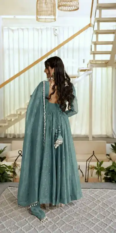 KD 1641 Teal in Salsa Silk Embroidery Work & Sequins Work Gown . Get it for ₹2899. Delivery 4-6 Working Days. Online Shop now. | Gowns, Bollywood Gowns, Creative Gowns, Designer Gowns, Embroidered Gowns, Party Wear Gowns