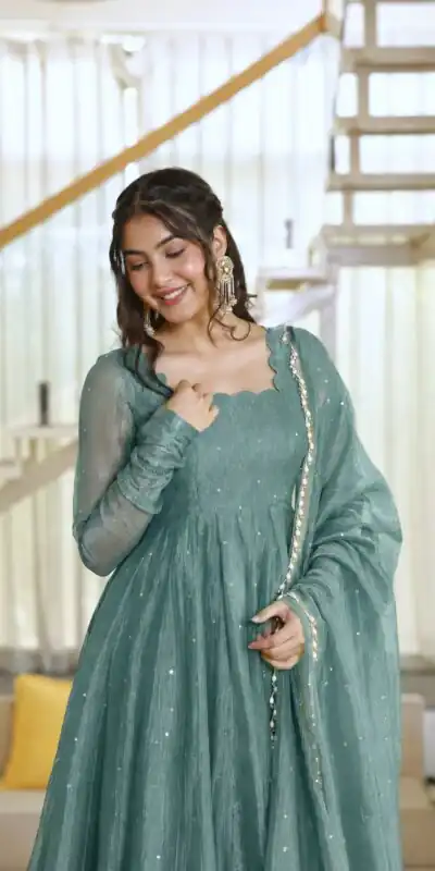 KD 1641 Teal in Salsa Silk Embroidery Work & Sequins Work Gown . Get it for ₹2899. Delivery 4-6 Working Days. Online Shop now. | Gowns, Bollywood Gowns, Creative Gowns, Designer Gowns, Embroidered Gowns, Party Wear Gowns