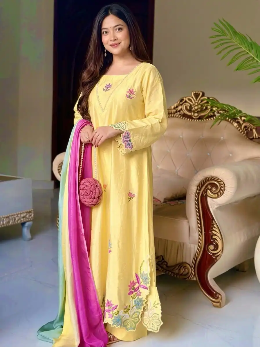 MF 544 Yellow Ho Silk Salwar Suit with Sequins Work & Embroidery Work. Grab it for ₹2349. Delivery 4-6 Working Days. Shop now. | Jump Suits, Salwar suit, Casual Suits, Creative suits, Designer Suits, Palazzo Suits, Party Wear Suits, Patiala Suits, Straight Suits