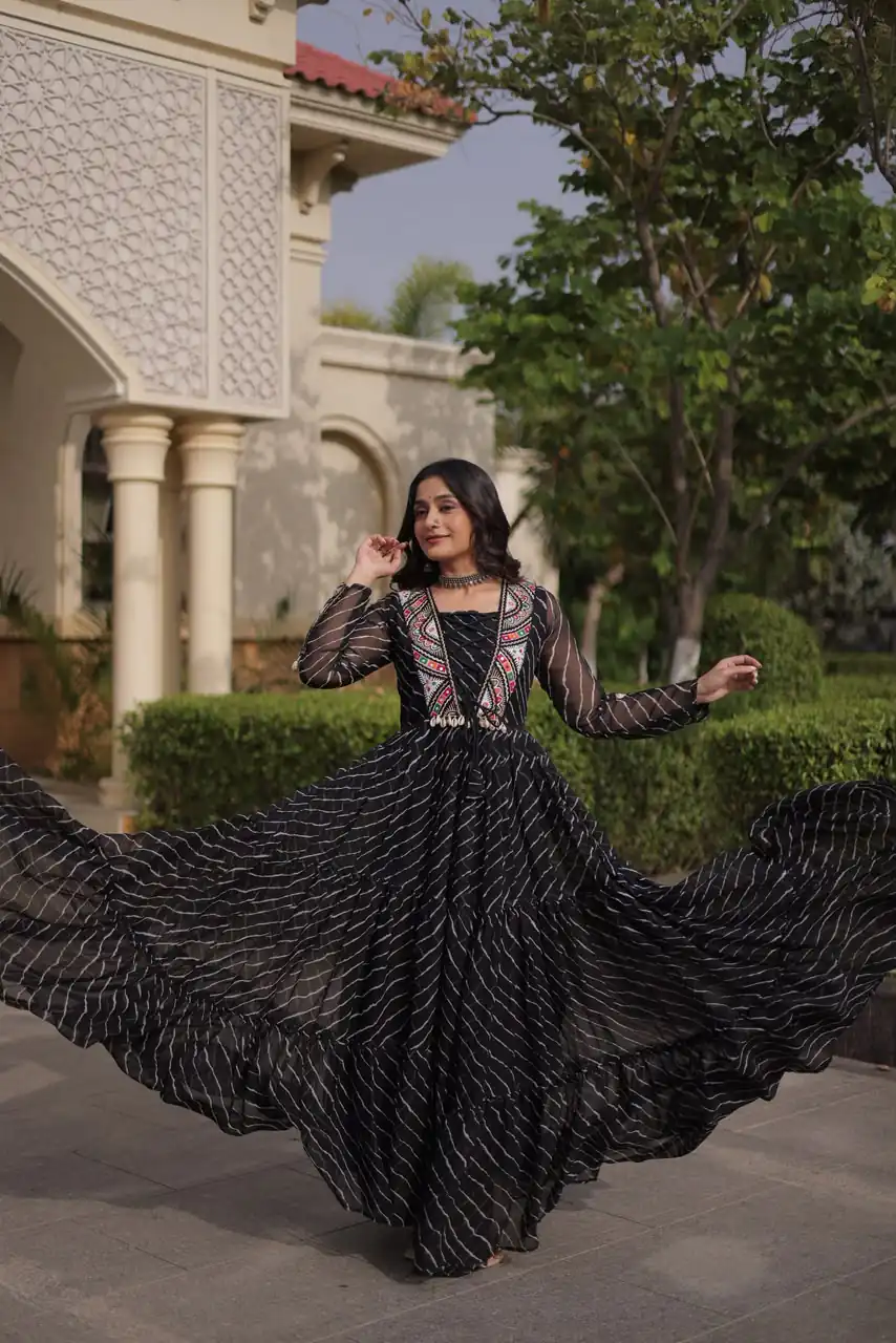 KA 1274 Black in Colour Faux Georgette Bandhani Print Work Gown. Available at ₹2019 only. Delivery 4-6 Working Days. Shop now. | Gowns, Bollywood Gowns, Creative Gowns, Designer Gowns, Embroidered Gowns, Party Wear Gowns