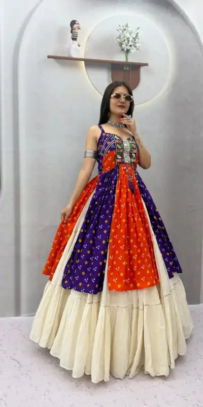 PC 604 Orange Khadi Cotton Lehenga Choli with Bandhej Print & Mirror Work. Festive Deal ₹3049. Delivery 4-6 Working Days. Shop now. | Lehenga, Bollywood Lehenga, Creative Lehenga, Designer Lehenga, Embroidered Lehenga, Party Wear Lehenga