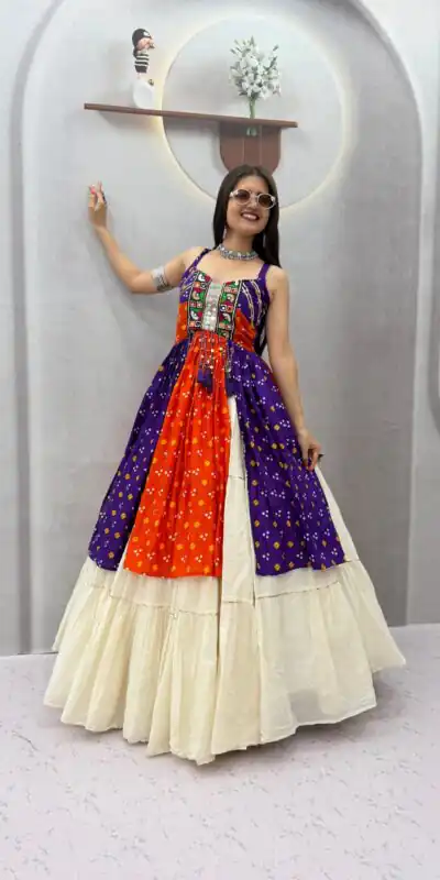 PC 604 Orange Khadi Cotton Lehenga Choli with Bandhej Print & Mirror Work. Festive Deal ₹3049. Delivery 4-6 Working Days. Shop now. | Lehenga, Bollywood Lehenga, Creative Lehenga, Designer Lehenga, Embroidered Lehenga, Party Wear Lehenga