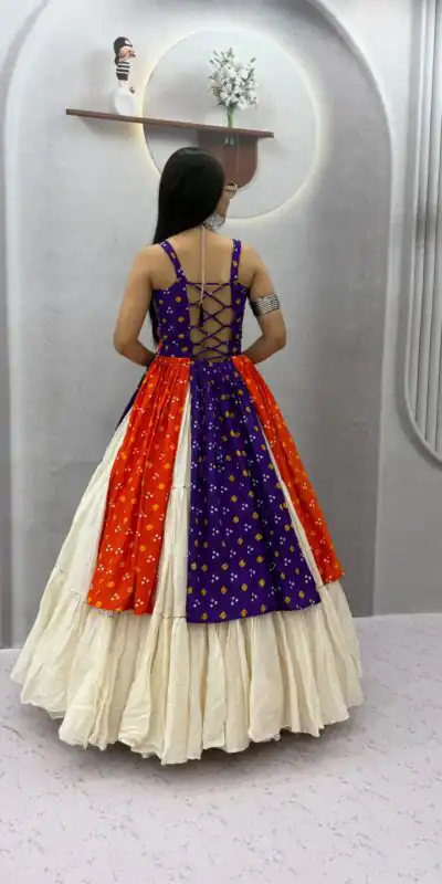 PC 604 Orange Khadi Cotton Lehenga Choli with Bandhej Print & Mirror Work. Festive Deal ₹3049. Delivery 4-6 Working Days. Shop now. | Lehenga, Bollywood Lehenga, Creative Lehenga, Designer Lehenga, Embroidered Lehenga, Party Wear Lehenga