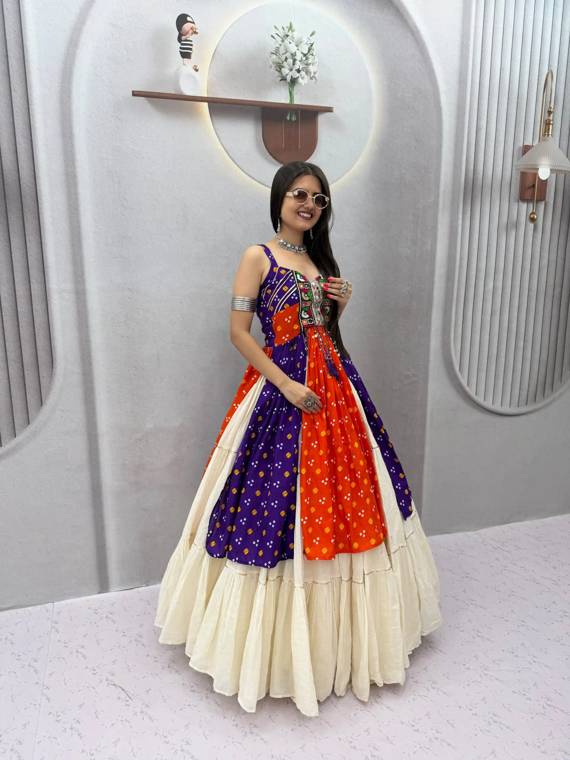 PC 604 Orange Khadi Cotton Lehenga Choli with Bandhej Print & Mirror Work. Festive Deal ₹3049. Delivery 4-6 Working Days. Shop now. | Lehenga, Bollywood Lehenga, Creative Lehenga, Designer Lehenga, Embroidered Lehenga, Party Wear Lehenga