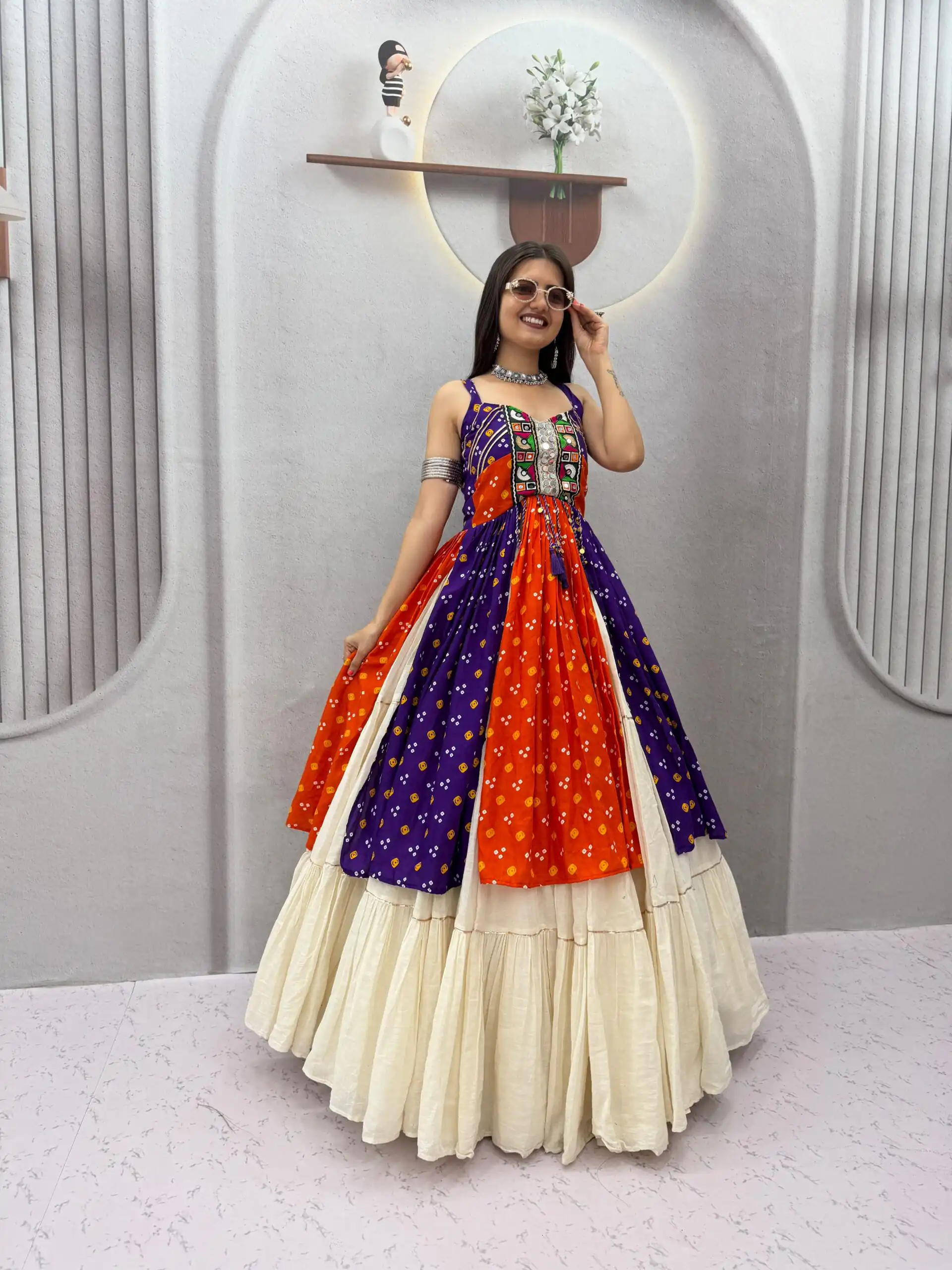 PC 604 Orange Khadi Cotton Lehenga Choli with Bandhej Print & Mirror Work. Festive Deal ₹3049. Delivery 4-6 Working Days. Shop now. | Lehenga, Bollywood Lehenga, Creative Lehenga, Designer Lehenga, Embroidered Lehenga, Party Wear Lehenga
