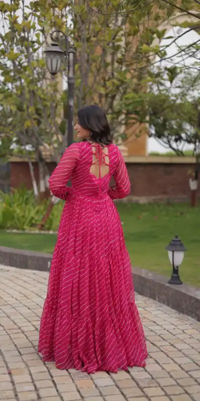 KA 1274 Pink in Colour Faux Georgette Bandhani Print Work Gown. Available at ₹2019 only. Delivery 4-6 Working Days. Shop now. | Gowns, Bollywood Gowns, Creative Gowns, Designer Gowns, Embroidered Gowns, Party Wear Gowns