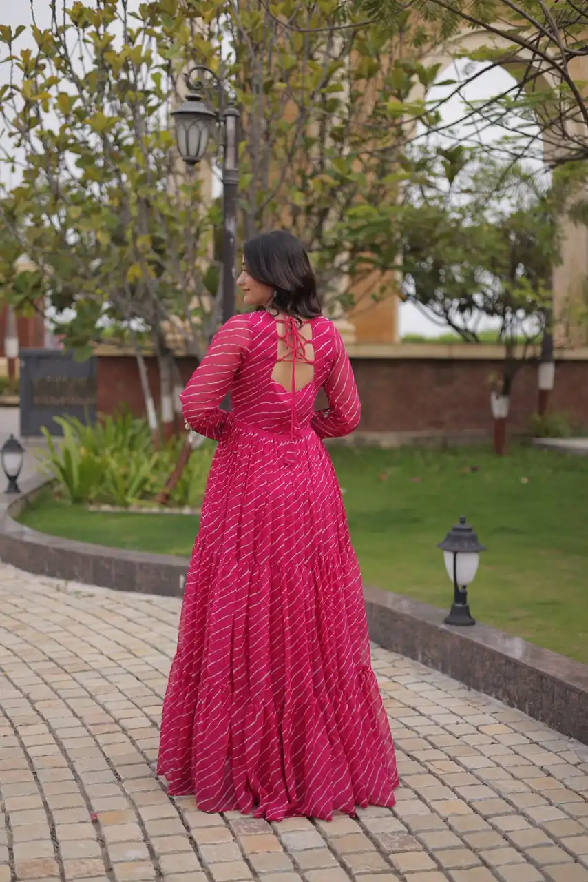 KA 1274 Pink in Colour Faux Georgette Bandhani Print Work Gown. Available at ₹2019 only. Delivery 4-6 Working Days. Shop now. | Gowns, Bollywood Gowns, Creative Gowns, Designer Gowns, Embroidered Gowns, Party Wear Gowns