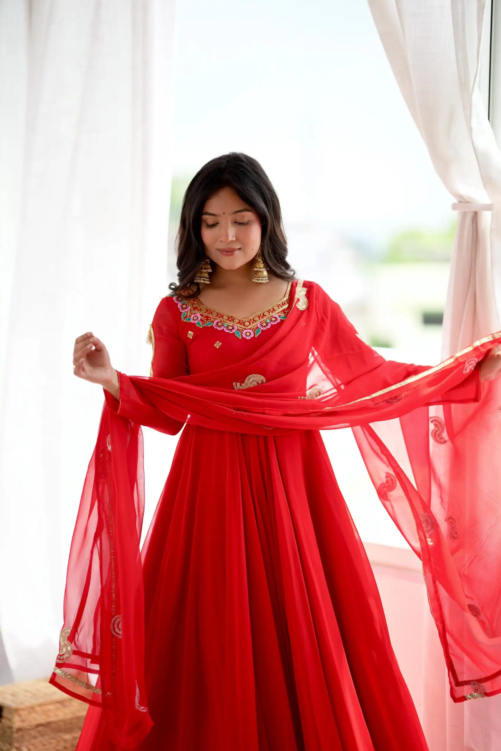 SRK 5363 Red Faux Georgette Gown with Sequins Work & Embroidery Work. Affordable Price ₹2099. Delivery 4-6 Working Days. Shop now. | Gowns, Bollywood Gowns, Creative Gowns, Designer Gowns, Embroidered Gowns, Party Wear Gowns