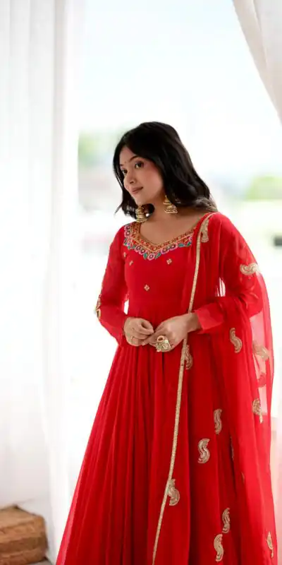 SRK 5363 Red Faux Georgette Gown with Sequins Work & Embroidery Work. Affordable Price ₹2099. Delivery 4-6 Working Days. Shop now. | Gowns, Bollywood Gowns, Creative Gowns, Designer Gowns, Embroidered Gowns, Party Wear Gowns