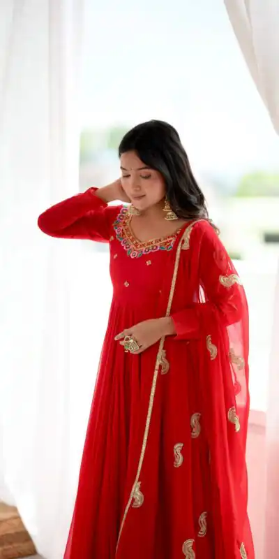 SRK 5363 Red Faux Georgette Gown with Sequins Work & Embroidery Work. Affordable Price ₹2099. Delivery 4-6 Working Days. Shop now. | Gowns, Bollywood Gowns, Creative Gowns, Designer Gowns, Embroidered Gowns, Party Wear Gowns