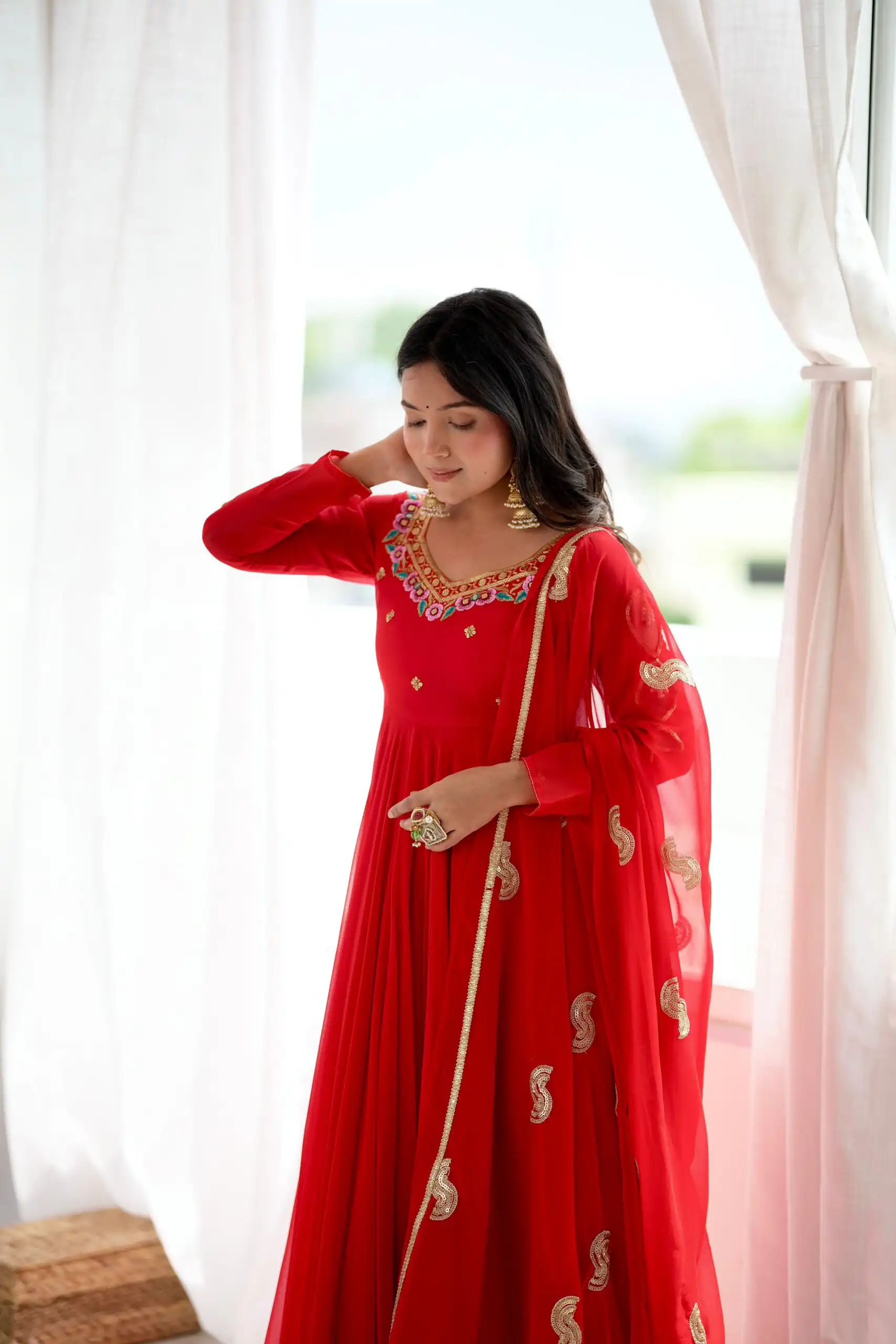 SRK 5363 Red Faux Georgette Gown with Sequins Work & Embroidery Work. Affordable Price ₹2099. Delivery 4-6 Working Days. Shop now. | Gowns, Bollywood Gowns, Creative Gowns, Designer Gowns, Embroidered Gowns, Party Wear Gowns