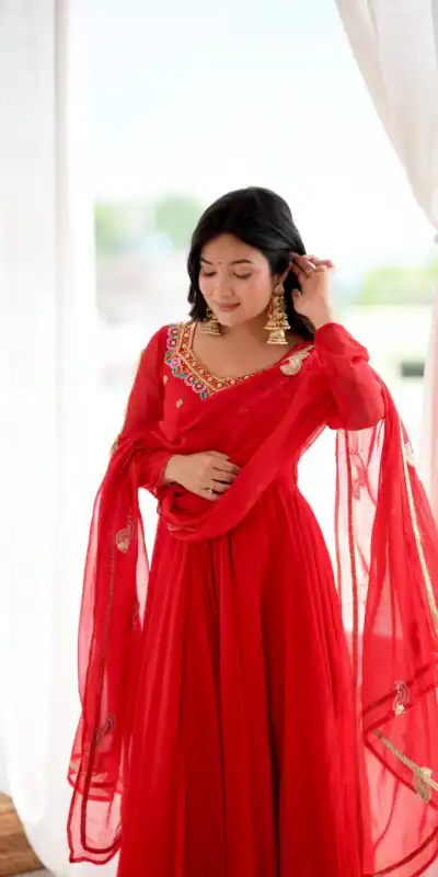 SRK 5363 Red Faux Georgette Gown with Sequins Work & Embroidery Work. Affordable Price ₹2099. Delivery 4-6 Working Days. Shop now. | Gowns, Bollywood Gowns, Creative Gowns, Designer Gowns, Embroidered Gowns, Party Wear Gowns